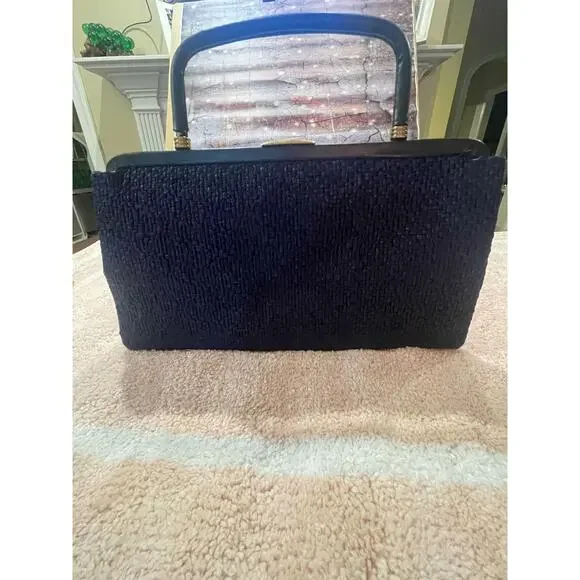 Vintage Old Hollywood Garay Convertible Clutch Purse Handbag Black Weave 1950s - Picture 2 of 13